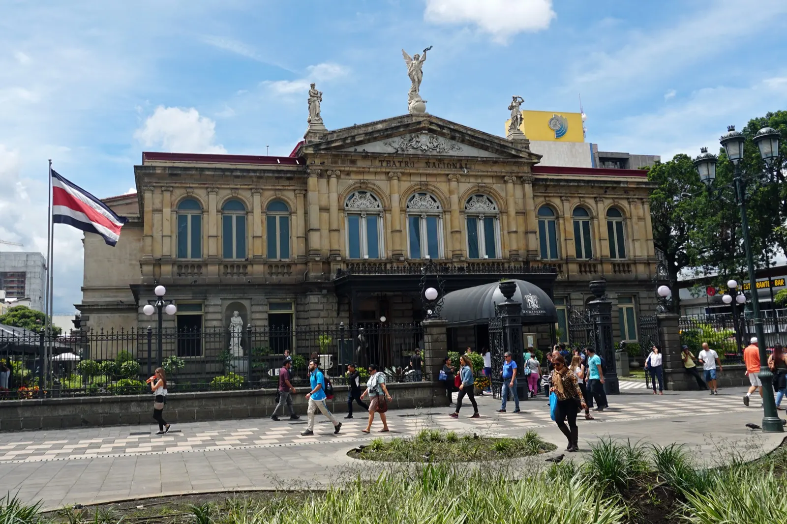 The neoclassical facade of the National Theatre in downtown San Jose, Costa Rica